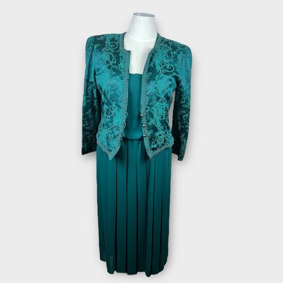 Vintage Nah Nah Dark Green Jacket Dress Set Size 14/16 Beaded Damask Chiffon - Picture 1 of 11